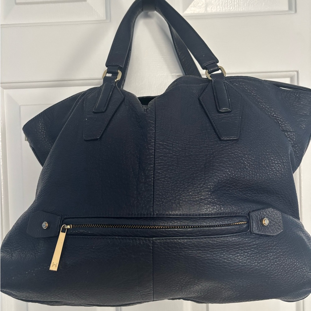 Halston Heritage Navy Blue Pebbled Leather Tote with Front Zip